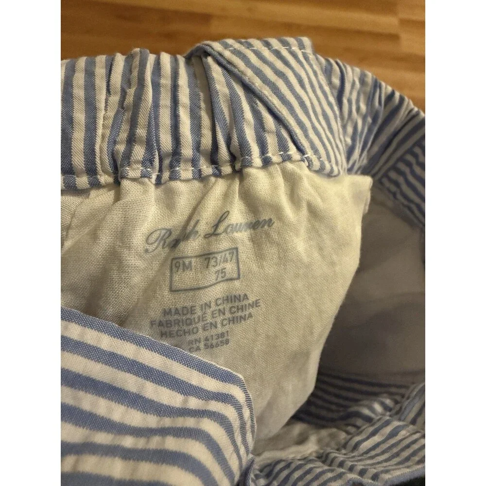Ralph Lauren Baby Seersucker Shorts 9M‎ Blue White Striped Suspender